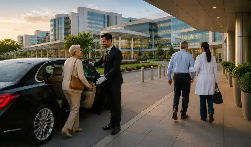Patients traveling to Houston for world-class healthcare with luxury medical transportation and professional chauffeur service.
